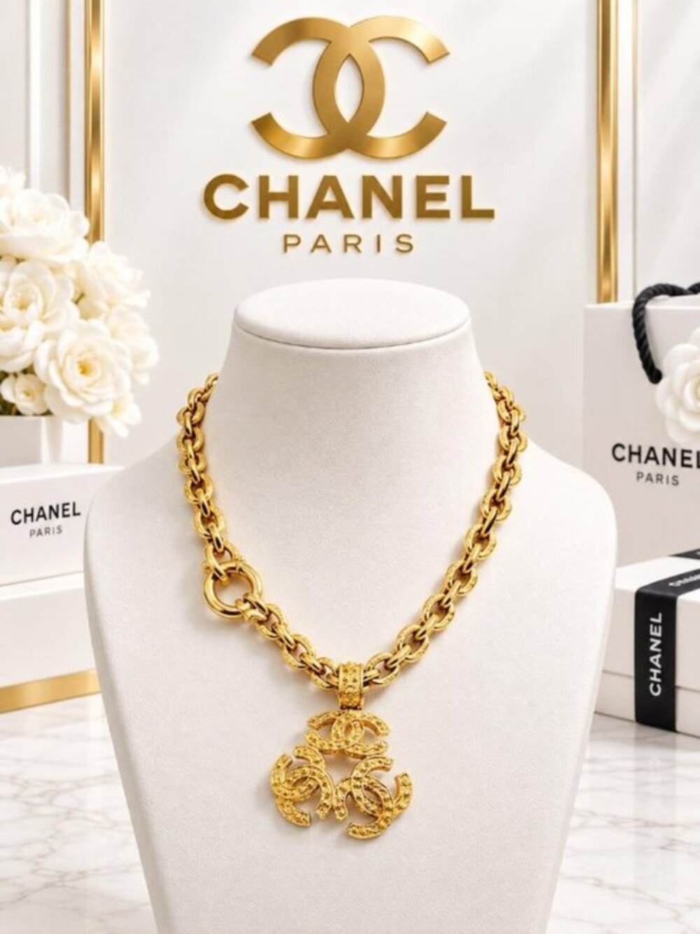 Authentic Chanel CC Triple Logo Pendant Necklace Gold Tone Chain Vintage Luxury